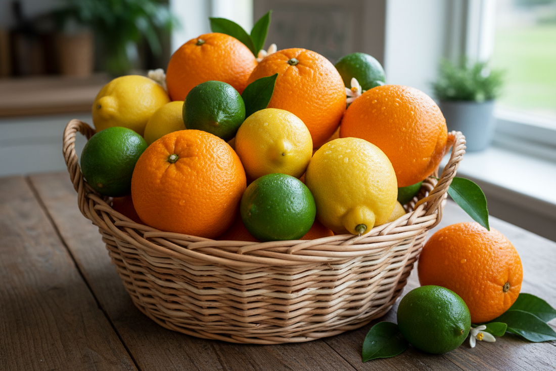 a basket of citrus fruits, oranges, lemons, and limes