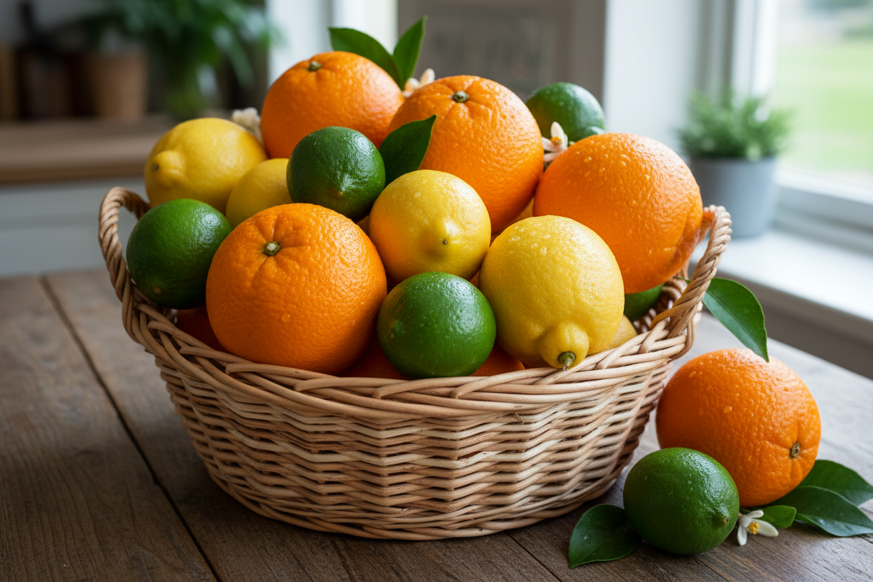 a basket of citrus fruits, oranges, lemons, and limes