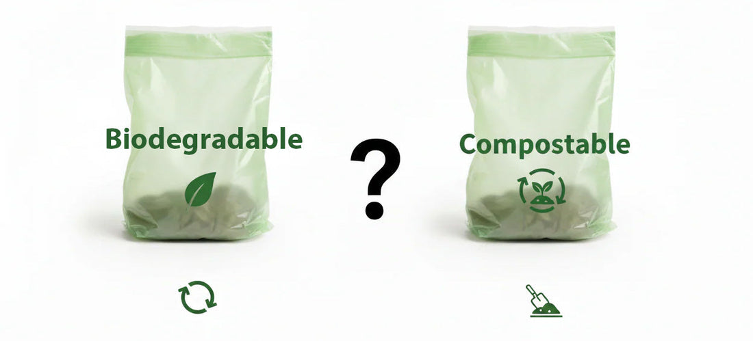 a green biodegradable poop bag next to a compostable poop bag with a question mark between them
