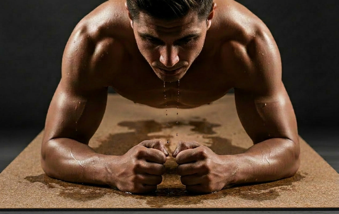 Man planking on non-slip cork and natural rubber yoga mat during hot yoga practice
