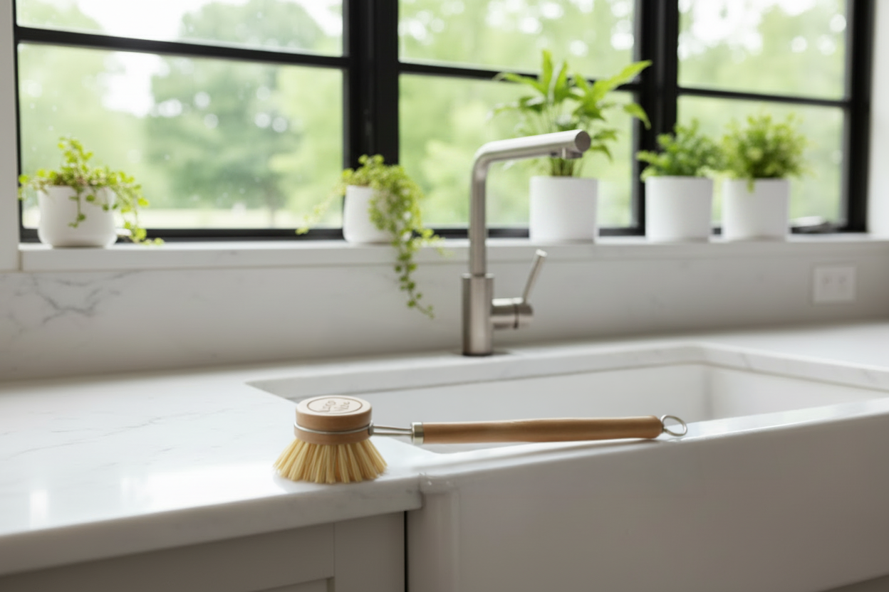 Larga Vitae bamboo dish brush with tampico fiber bristles on kitchen sink counter — plastic-free dish brush