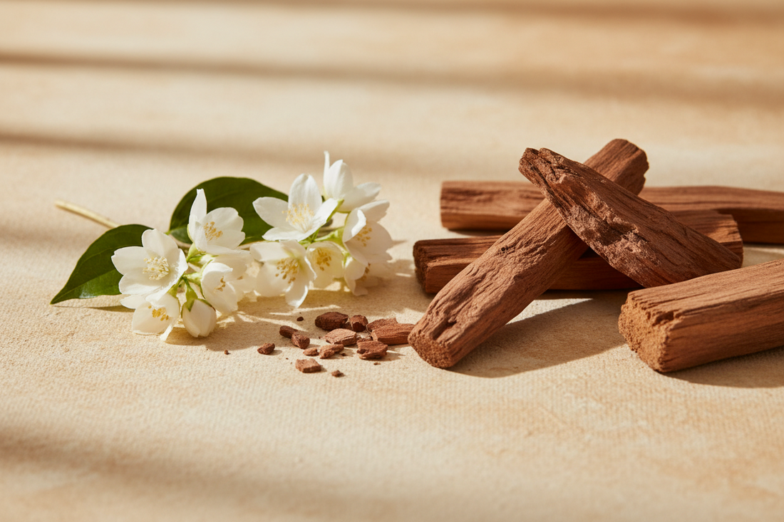 Jasmine flowers and Sandalwood laying on a neutral textured surface