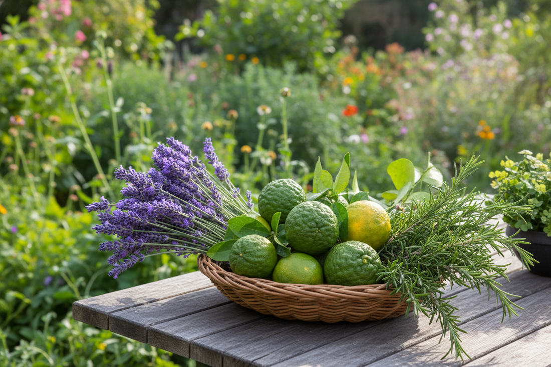 basket of lavender bundle, rosemary sprigs, and bergamot in a garden