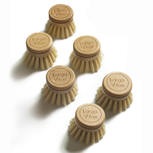 Set of six wooden dish brushes  heads with sisal bristle on a white background, branded 'Larga Vitae'.