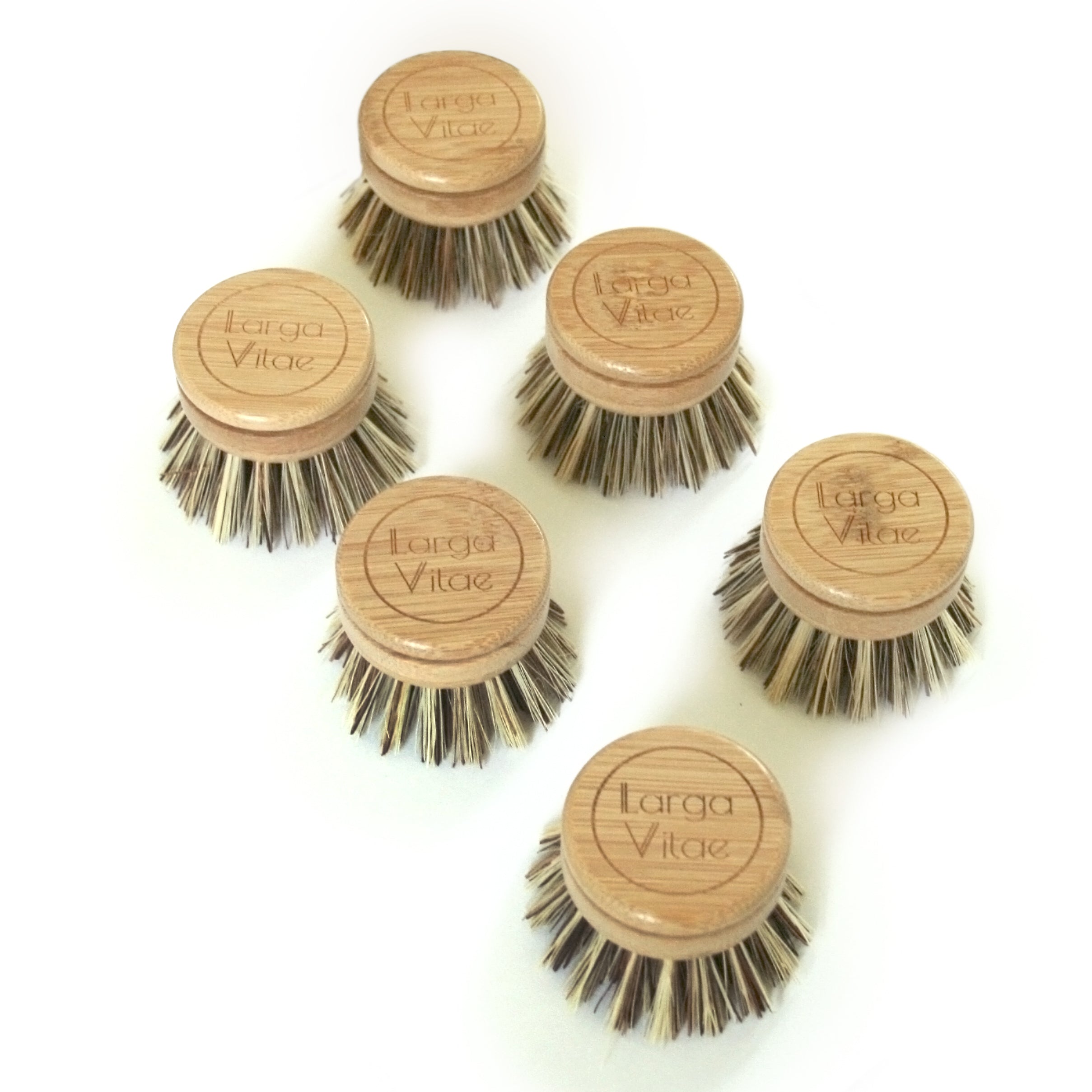 Set of six bamboo dish brushes heads with coconut bristles on a white background, branded 'Larga Vitae'.