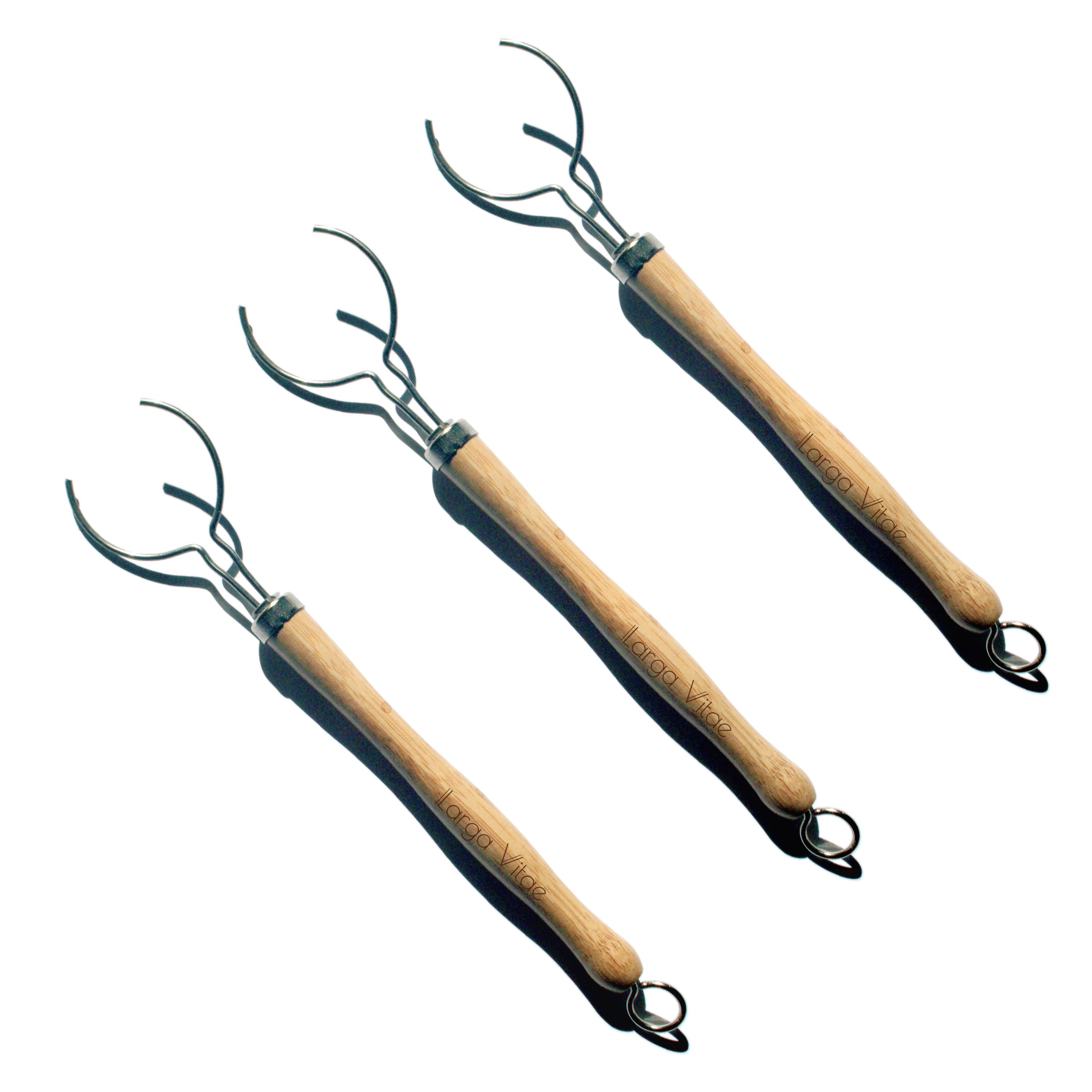Three standard size Larga Vitae bamboo dish brush handles on a white background