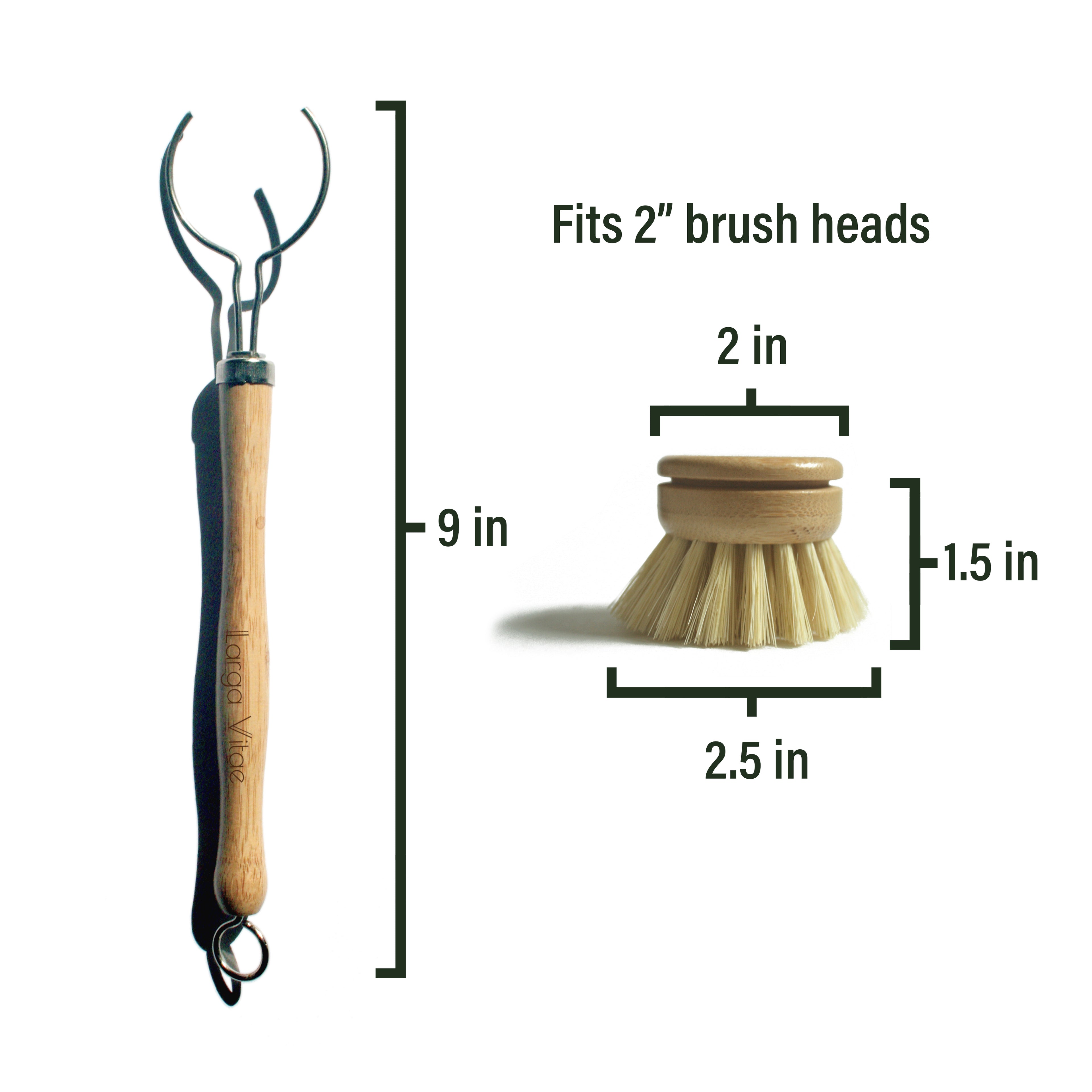 thin bamboo dish brush handle dimension of 9 inches in length that fits standard 2 in wide wood brush heads with natural bristles, like tampico fiber