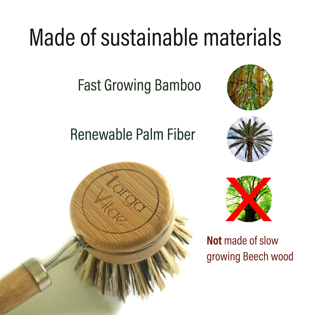 bamboo dish brush with palm fiber bristles and text about sustainable materials on a white background