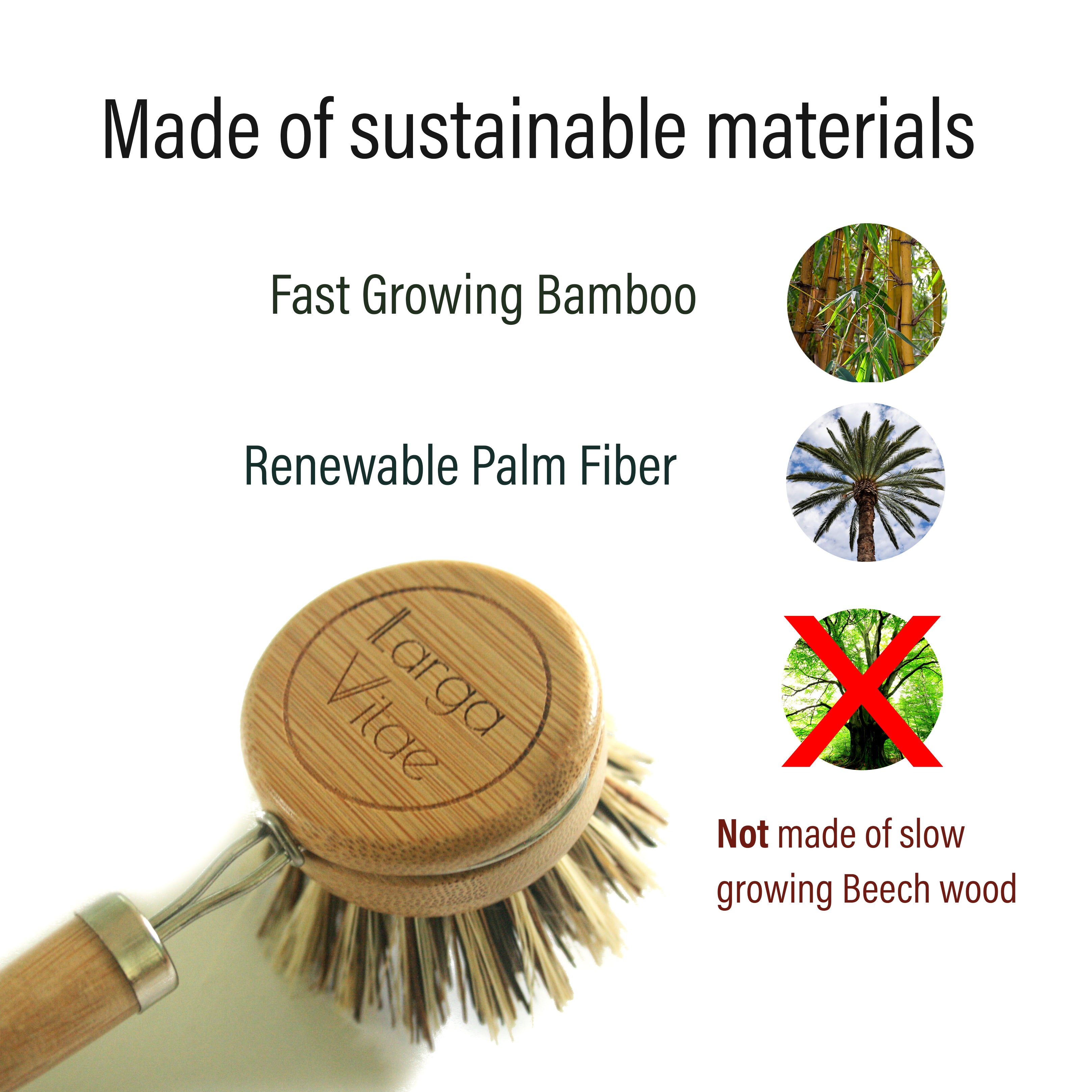 bamboo dish brush with palm fiber bristles and text about sustainable materials on a white background