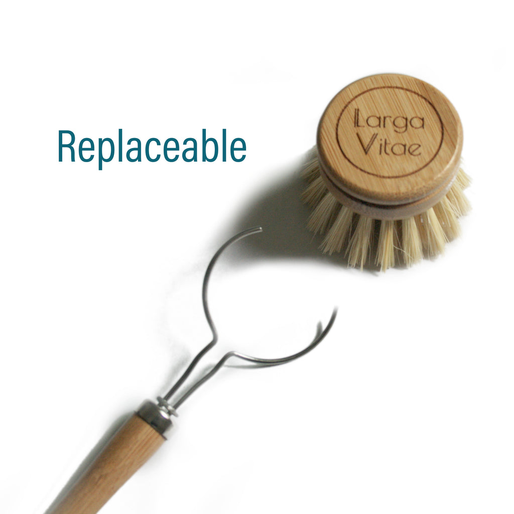 Replaceable wood dish brush head with sisal fiber bristles