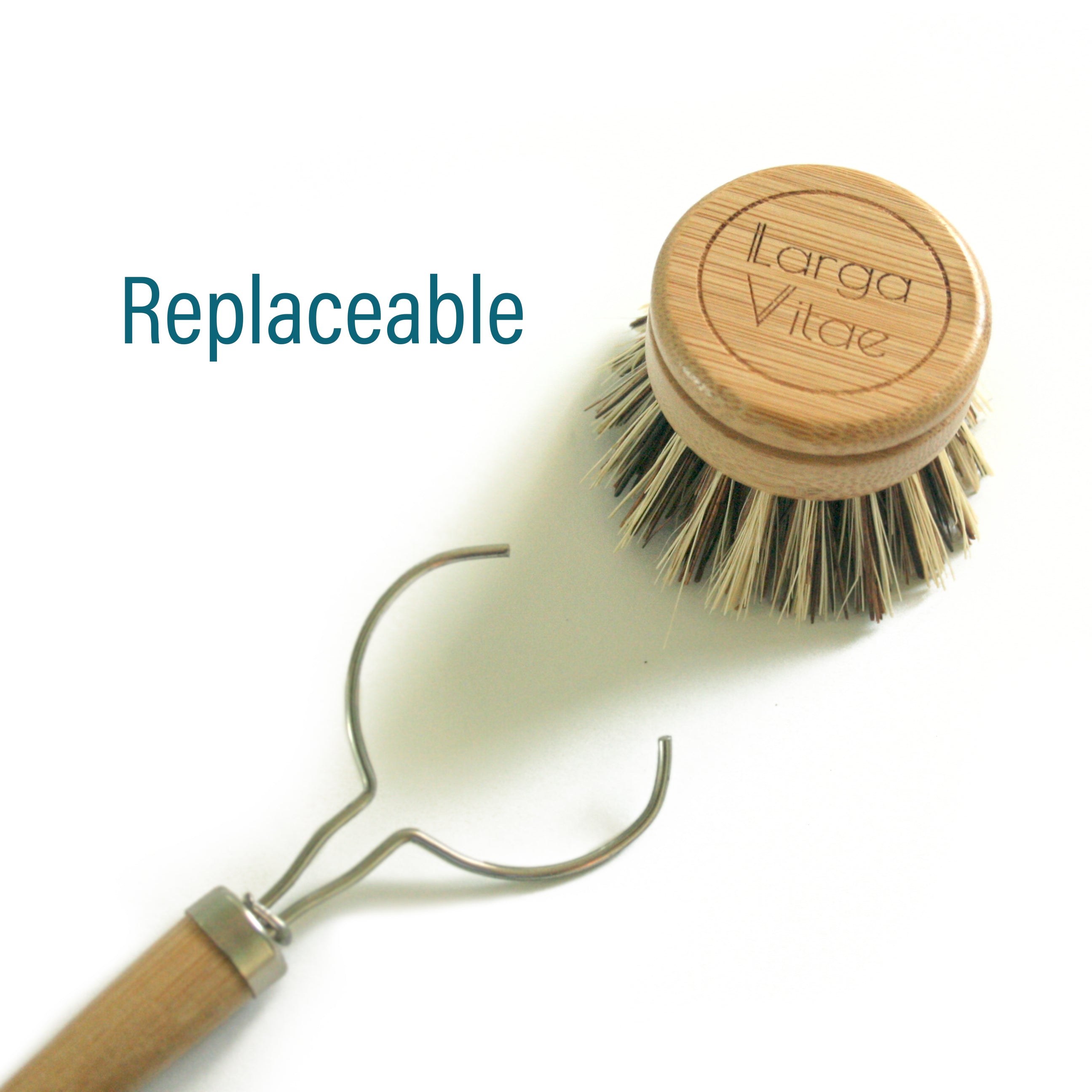 Replaceable wooden dish brush head with coconut fiber bristles