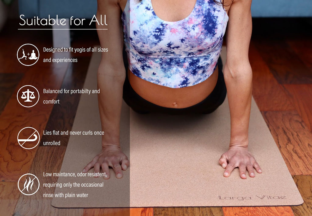 Cork and rubber yoga mat lying completely flat with no curling corners