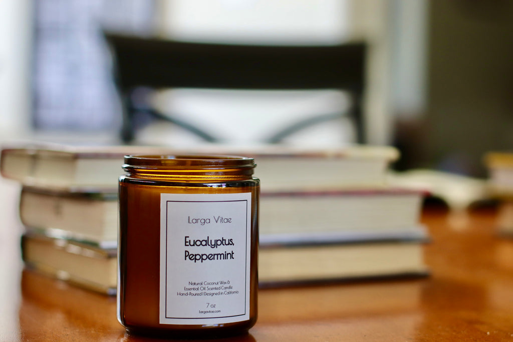 Larga Vitae's Eucalyptus Peppermint jar hand-poured candle on a table with books in the background