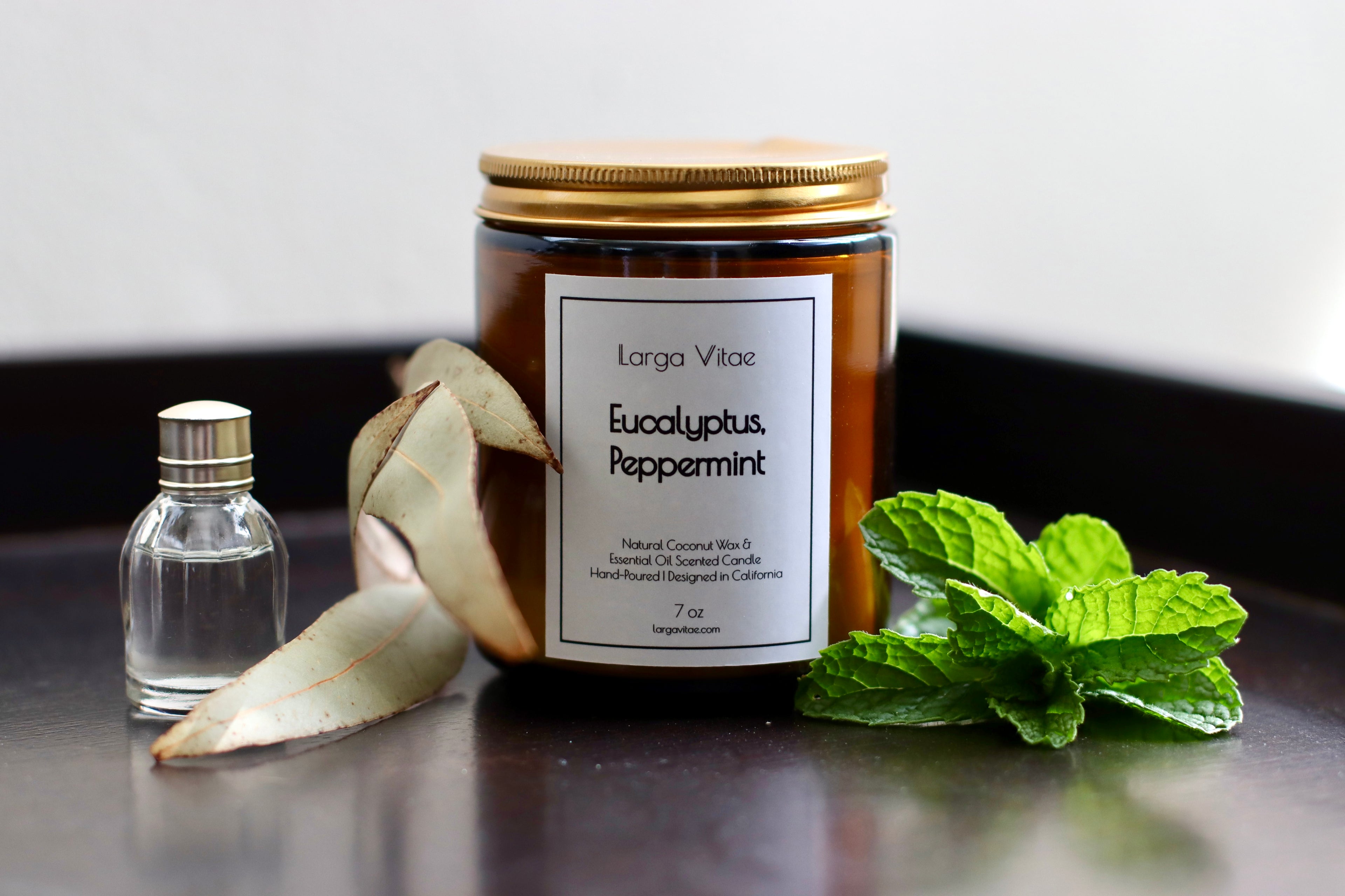 Larga Vitae's Eucalyptus Peppermint natural coconut wax candle with a small bottle of essential oil and eucalyptus and peppermint leaves on a dark tray.