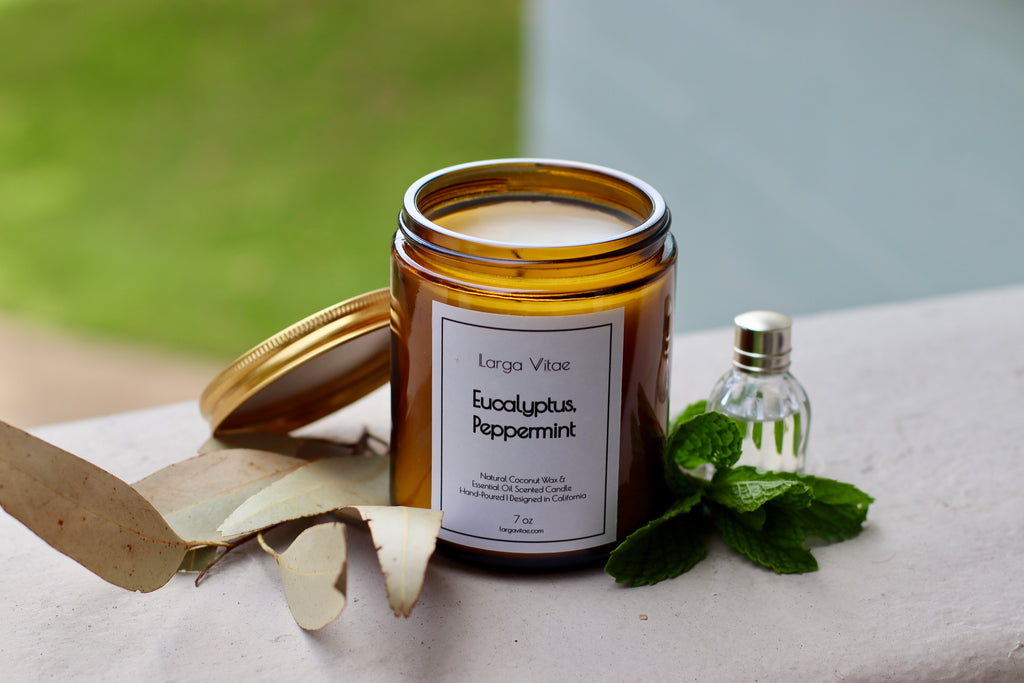 Larga Vitae's Eucalyptus Peppermint with a small bottle of ESG Prime Rated natural fragrance oil and essential oil and mint leaves on a light windowsill looking out onto a lush background.