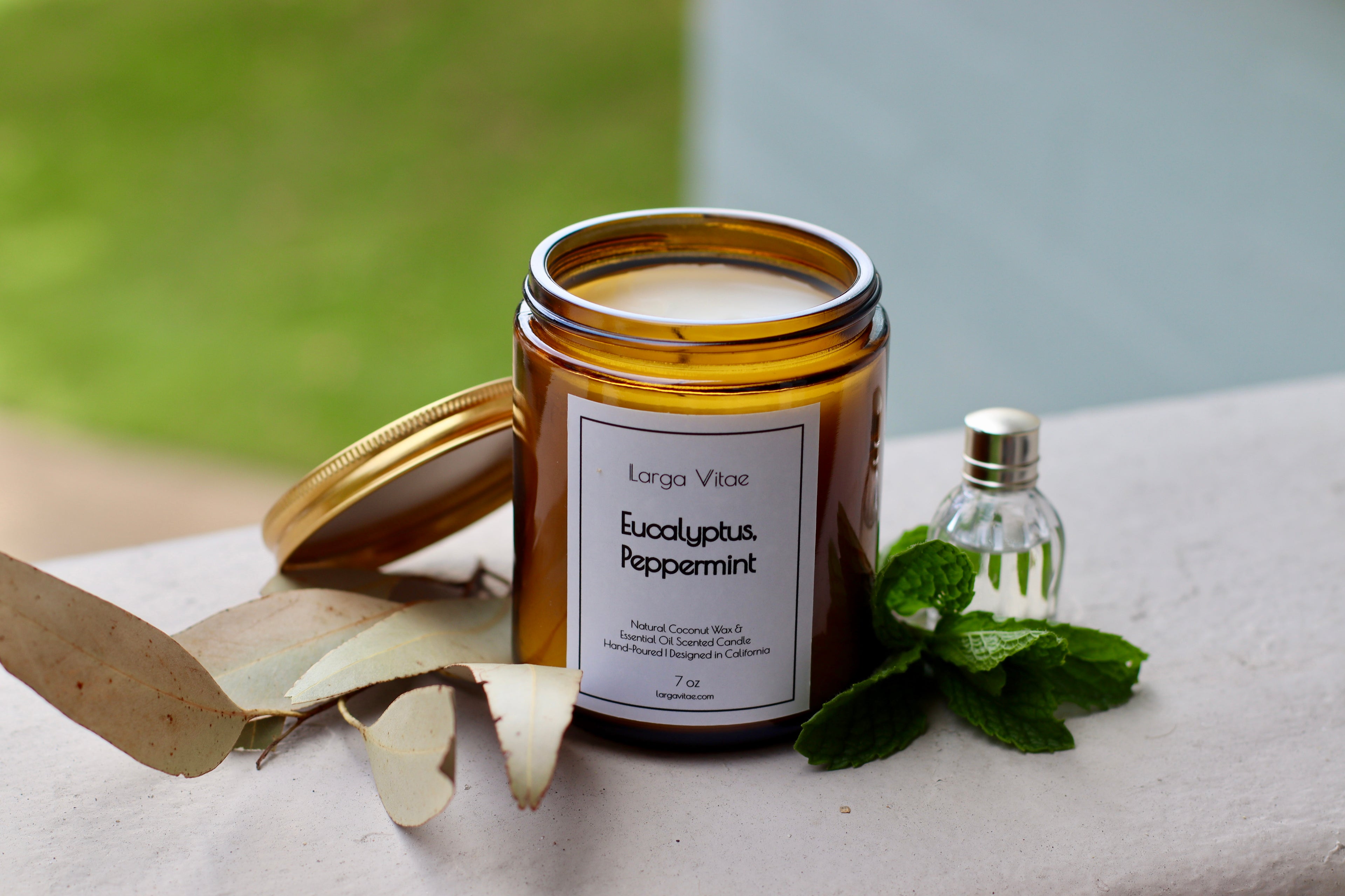 Larga Vitae's Eucalyptus Peppermint with a small bottle of ESG Prime Rated natural fragrance oil and essential oil and mint leaves on a light windowsill looking out onto a lush background.