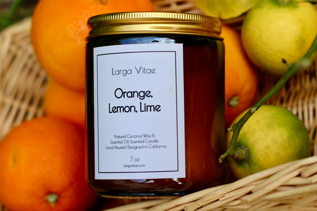 Jar of Larga Vitae Orange, Lemon, Lime candle in a wicker basket with citrus fruits