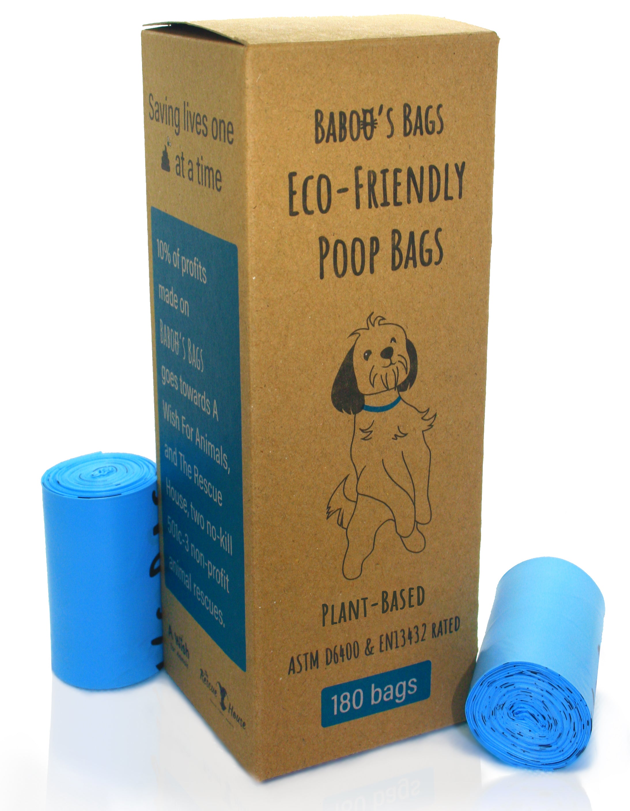 TÜV certified home compostable dog poop bags in recycled paper box — plant-based pet waste bags