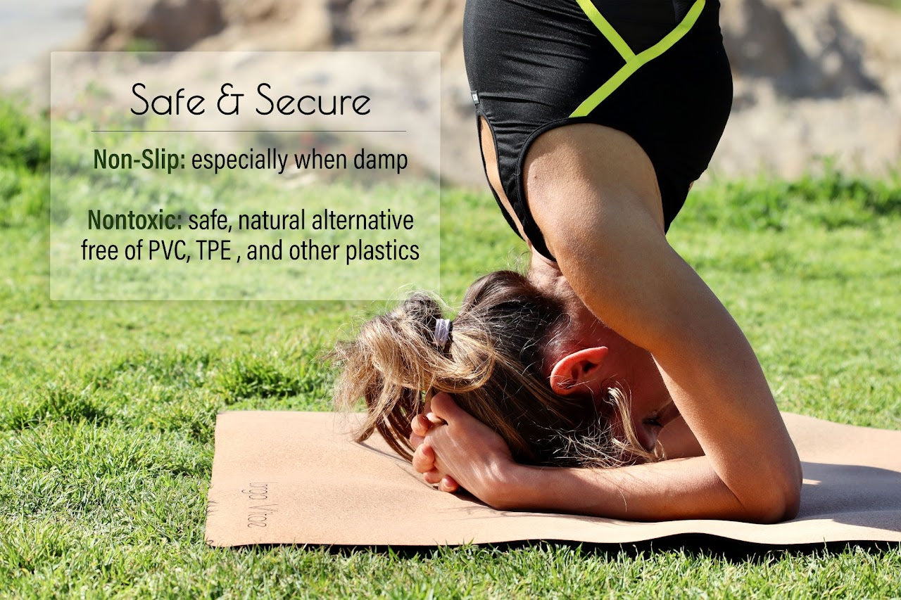 Close-up of non-slip cork yoga mat surface that grips harder when wet for hot yoga