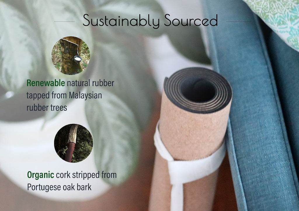 Rolled cork yoga mat showing Portuguese cork surface and natural Malaysian rubber backing