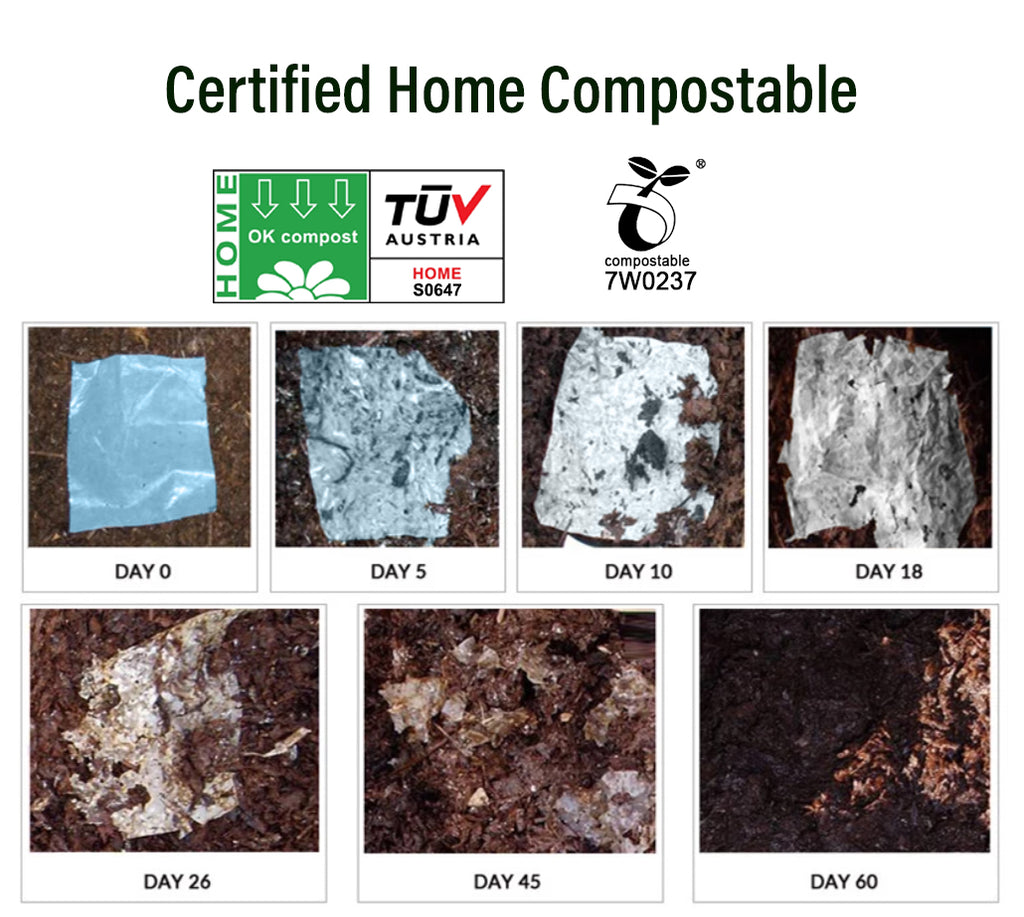Certified home compostable material degradation over time with TUV Austria and OK Compost logos.