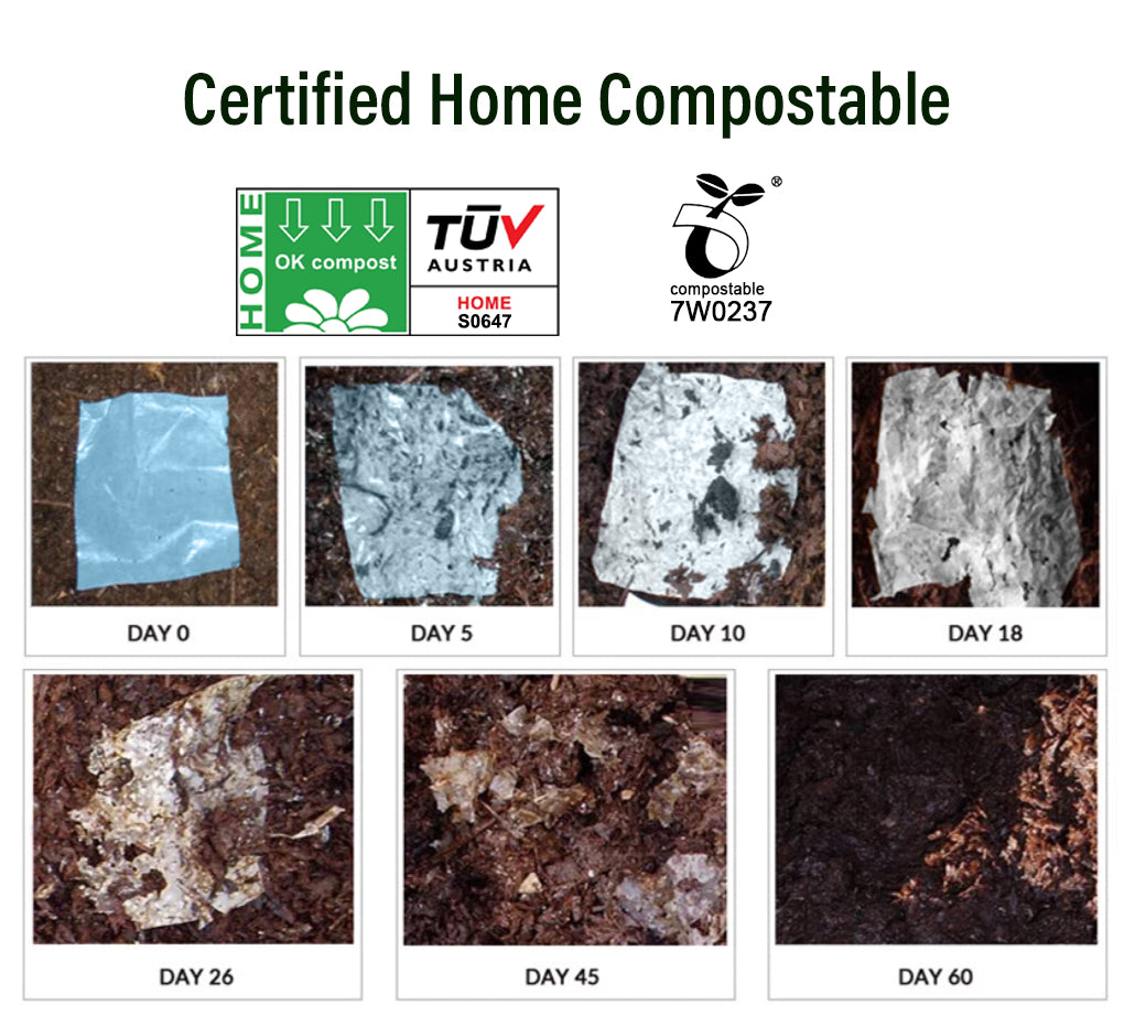 Certified home compostable material degradation over time with TUV Austria and OK Compost logos.