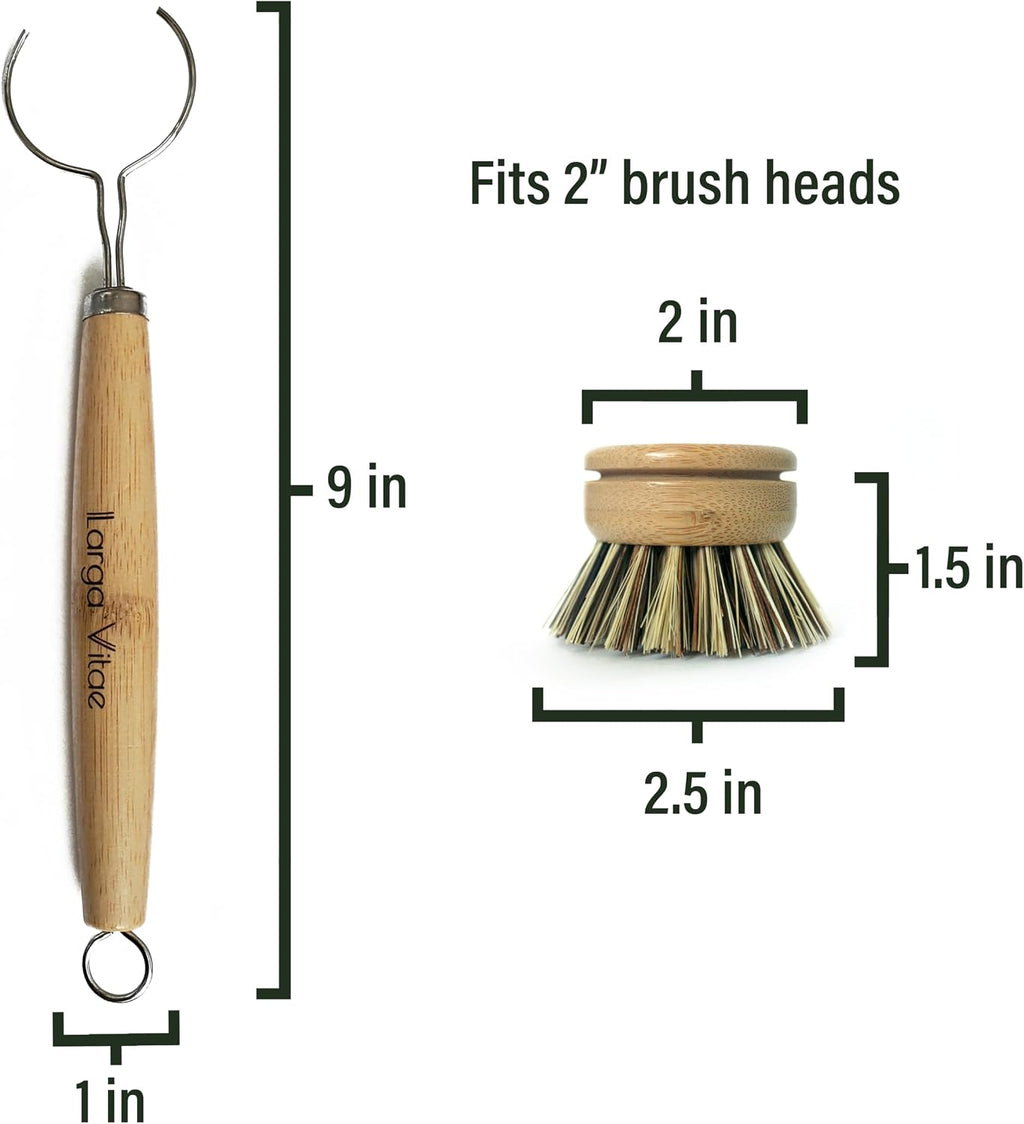thick bamboo dish brush handle dimension of 9 inches in length and 1 inch in diameter that fits standard 2 in wide wood brush heads with natural bristles like palm fiber