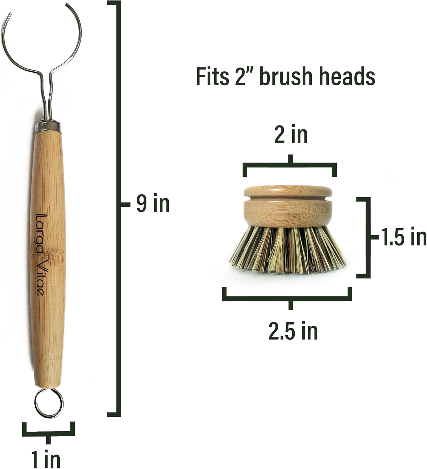thick bamboo dish brush handle dimension of 9 inches in length and 1 inch in diameter that fits standard 2 in wide wood brush heads with natural bristles like palm fiber
