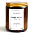 Larga Vitae Lavender, Bergamot, Rosemary naturally scented candle jar with gold lid on a white background