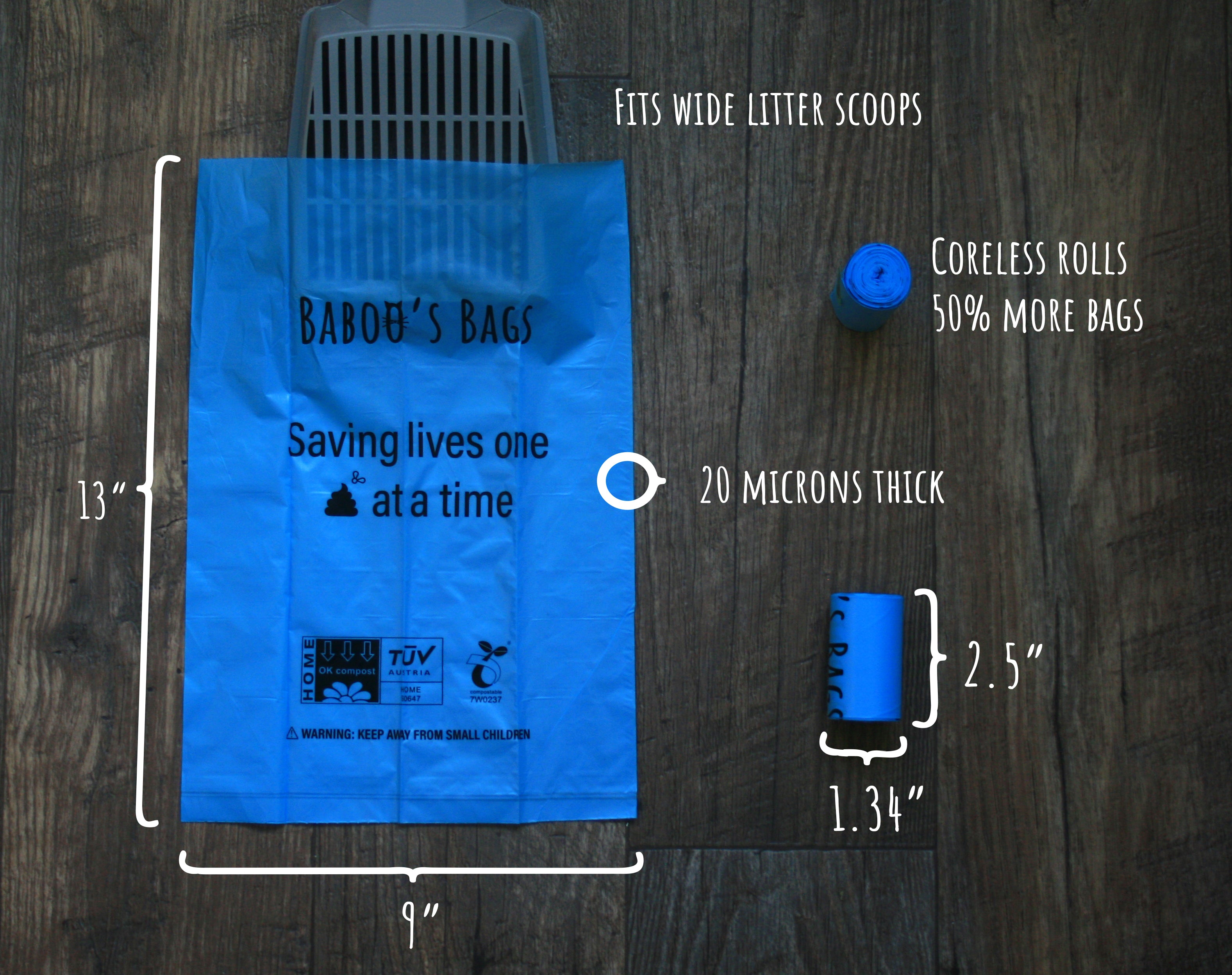 flat lay of Baboo's bags with a litter scoop inserted with listed dimensions of 13 in x 9 in 20 microns thick coreless roll, each roll 1.34 in x 2.5 in