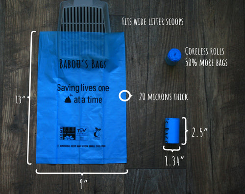 flat lay of Baboo's bags with a litter scoop inserted with listed dimensions of 13 in x 9 in 20 microns thick coreless roll, each roll 1.34 in x 2.5 in