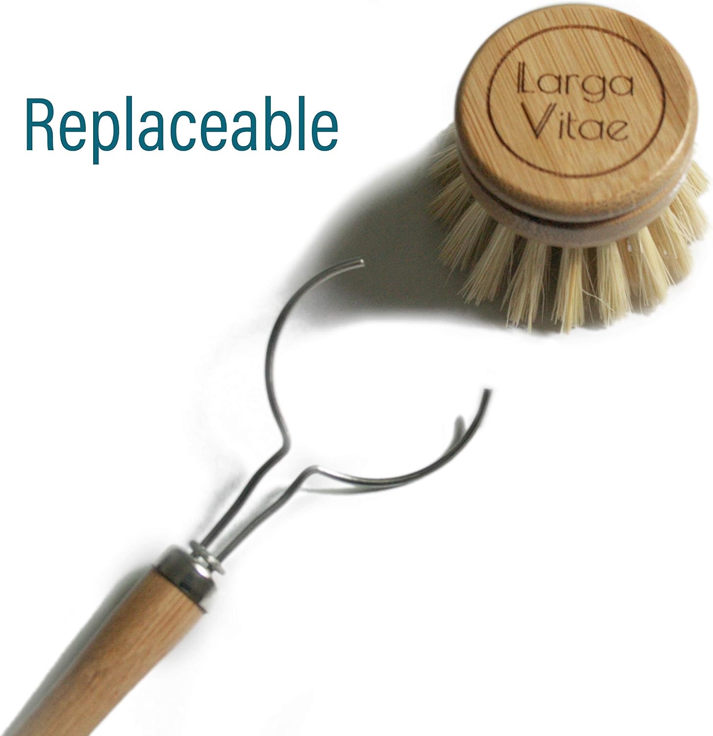 Dish brush with thin wooden handle and bristle head, branded 'Larga Vitae', on a white background.