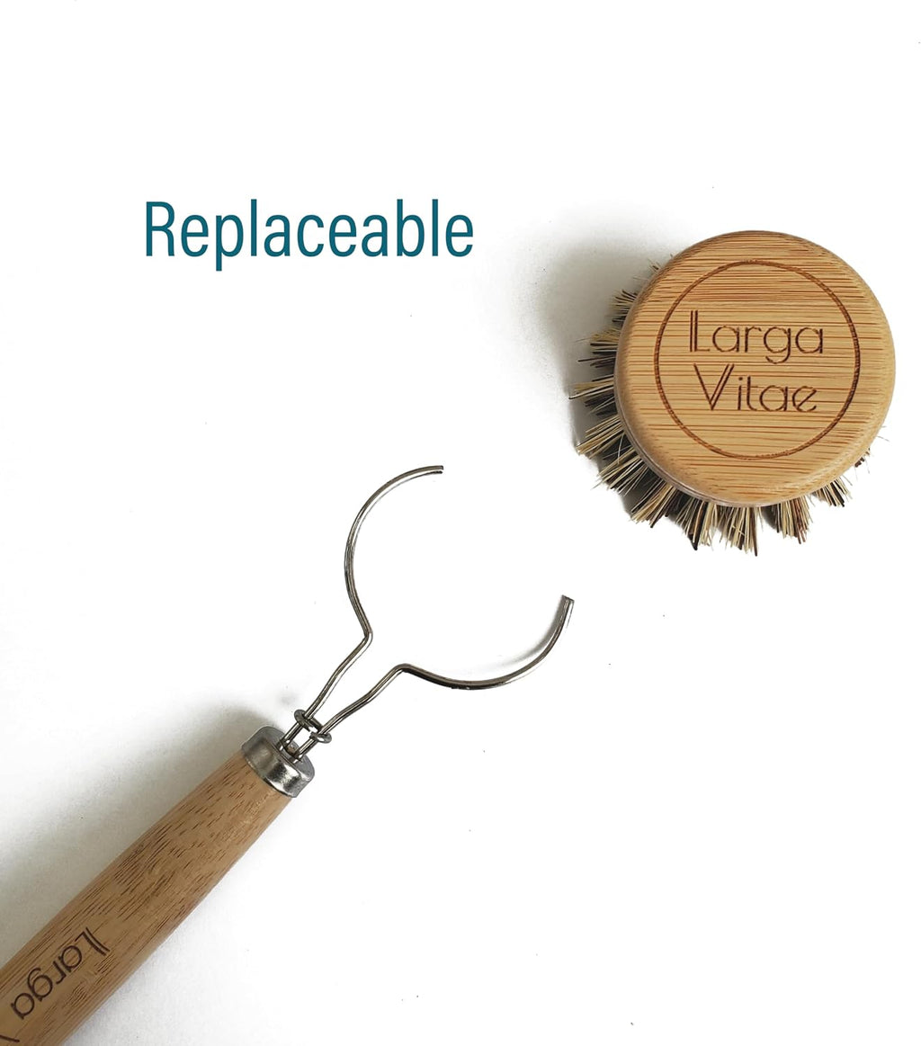 Bamboo cleaning brush with replaceable handle on a white background, featuring the brand 'Larga Vitae'.